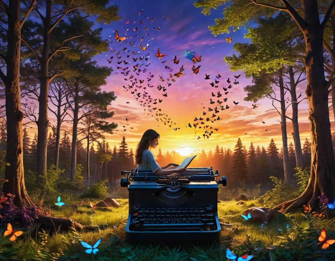 A whimsical scene depicting an enchanted forest where books transform into colorful pixels as they float through the air. In the foreground, a blogger is happily typing on a vintage typewriter, surrounded by glowing, pixelated butterflies and trees adorned with pages. The background features a vibrant sunset casting a magical glow over the scene. super-realistic. vibrant colors. fantasy art.