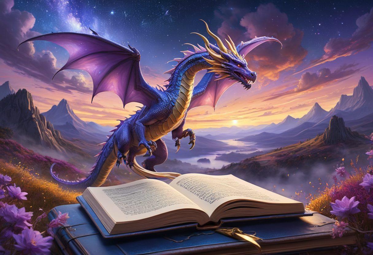 A majestic dragon soaring above a mystical landscape, surrounded by swirling clouds and vibrant colors. In the foreground, a beautifully designed notebook with a quill pen lies open, filled with handwritten notes and sketches about blogging. The sky glows with enchanting hues, hinting at creativity and inspiration. Elements of fantasy, like shimmering stars, add magic to the scene. fantasy art. vibrant colors. 3D.