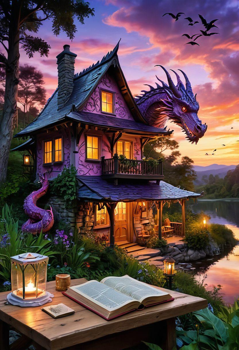 A mystical landscape featuring a majestic dragon soaring through a vibrant sunset sky, blending elements of personal storytelling like an open journal and quill pen adorned with magical runes. Below, a cozy cottage surrounded by lush greenery symbolizes a lifestyle blog's warmth and inspiration. Include whimsical details like floating books and glowing fireflies to enhance the enchanting atmosphere. fantasy art. vibrant colors. super-realistic.